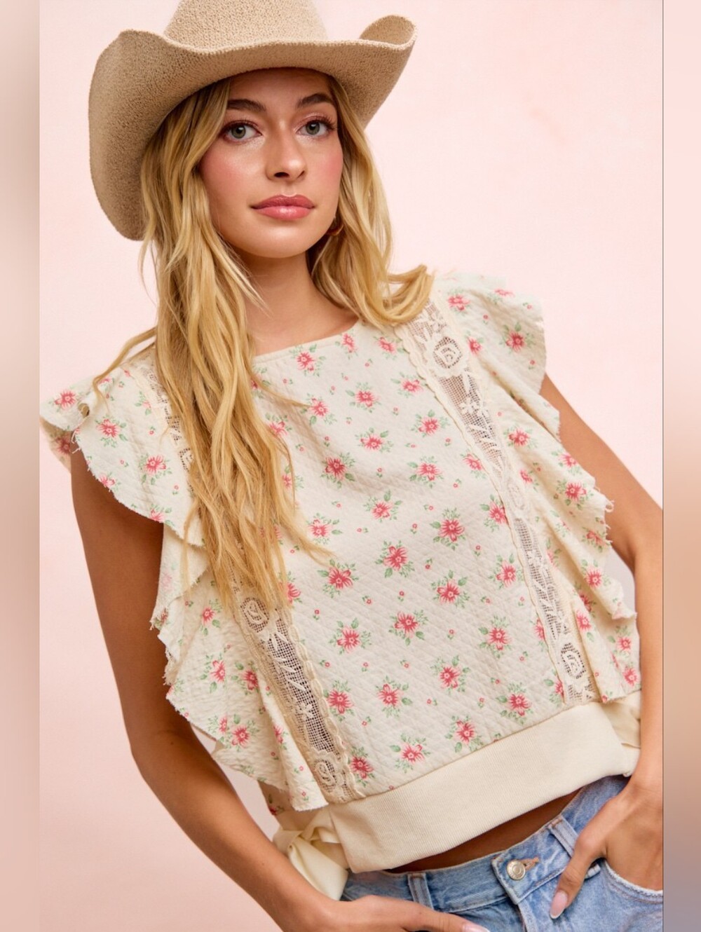 BiBi Flower Printed Ruffle Sleeve Trim Lace Detail Top- Red Flower - Picture 9 of 11